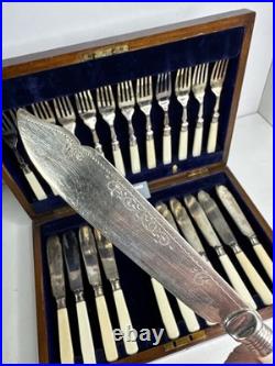 Antique Edwardian 24 piece Silver Plated Fish cutlery Set Silver Mounts