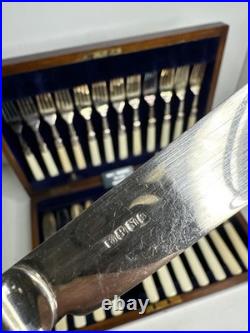 Antique Edwardian 24 piece Silver Plated Fish cutlery Set Silver Mounts