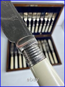 Antique Edwardian 24 piece Silver Plated Fish cutlery Set Silver Mounts