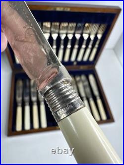 Antique Edwardian 24 piece Silver Plated Fish cutlery Set Silver Mounts