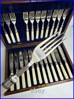 Antique Edwardian 24 piece Silver Plated Fish cutlery Set Silver Mounts