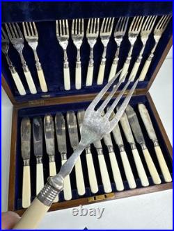 Antique Edwardian 24 piece Silver Plated Fish cutlery Set Silver Mounts