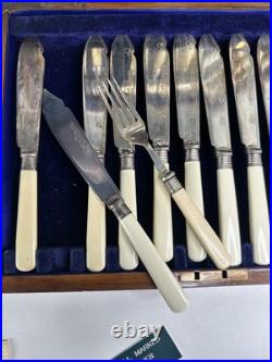 Antique Edwardian 24 piece Silver Plated Fish cutlery Set Silver Mounts