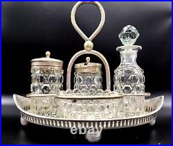 Antique Edwardian Silver Plated Glass Cut Cruet 4 Piece Set