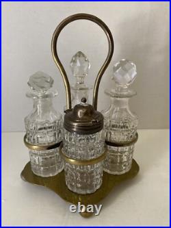 Antique English Cut Crystal 4 Piece Condiment Set Cruet Georgian Silver Plate