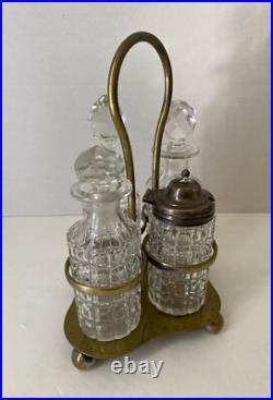 Antique English Cut Crystal 4 Piece Condiment Set Cruet Georgian Silver Plate