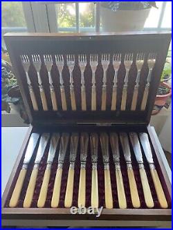 Antique English Hall & Walker Silver Plate and Bone 12 Piece Fish Cutlery Set