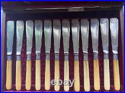 Antique English Hall & Walker Silver Plate and Bone 12 Piece Fish Cutlery Set