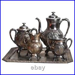 Antique Five Piece Bailey & Brainard Egyptian Revival Silver Plate Tea Set C1890