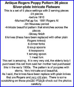 Antique Flatware Set Rogers Poppy Pattern 24 piece Intricate Silver-plate