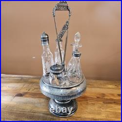 Antique Floral Silver Plate & Glass Rotating Condiments Tray. 6 Piece Set 17