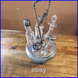 Antique Floral Silver Plate & Glass Rotating Condiments Tray. 6 Piece Set 17