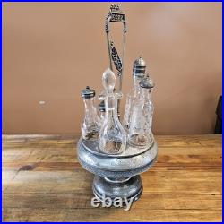 Antique Floral Silver Plate & Glass Rotating Condiments Tray. 6 Piece Set 17