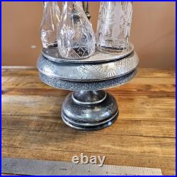 Antique Floral Silver Plate & Glass Rotating Condiments Tray. 6 Piece Set 17