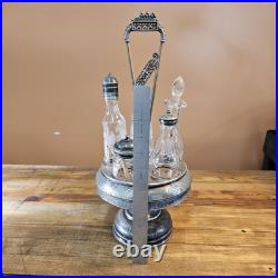 Antique Floral Silver Plate & Glass Rotating Condiments Tray. 6 Piece Set 17