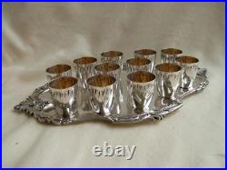 Antique French Silverplate Liquor Goblets & Tray, 13 Pieces, Early XX Century