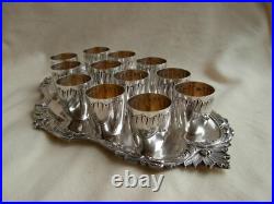 Antique French Silverplate Liquor Goblets & Tray, 13 Pieces, Early XX Century