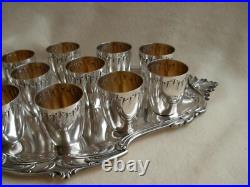Antique French Silverplate Liquor Goblets & Tray, 13 Pieces, Early XX Century
