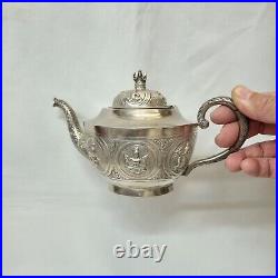 Antique Indian silver plated copper three piece tea set, pot, jug & sugar bowl