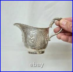 Antique Indian silver plated copper three piece tea set, pot, jug & sugar bowl