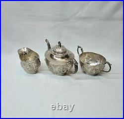 Antique Indian silver plated copper three piece tea set, pot, jug & sugar bowl