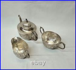 Antique Indian silver plated copper three piece tea set, pot, jug & sugar bowl