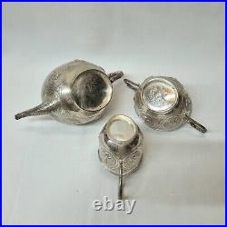 Antique Indian silver plated copper three piece tea set, pot, jug & sugar bowl