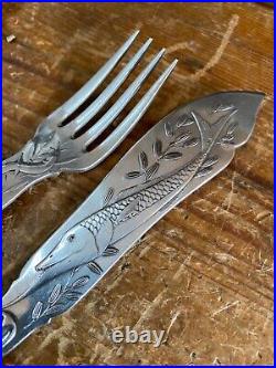 Antique Krupp Berndorf Koi Fish Ornate Silver Service Flatware 12 pieces