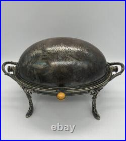 Antique Large Muffin Rolling Roll Top Dome Serving & Warming Dish Silver Plate