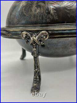 Antique Large Muffin Rolling Roll Top Dome Serving & Warming Dish Silver Plate