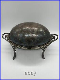 Antique Large Muffin Rolling Roll Top Dome Serving & Warming Dish Silver Plate