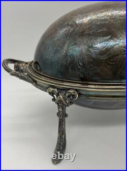 Antique Large Muffin Rolling Roll Top Dome Serving & Warming Dish Silver Plate