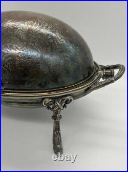 Antique Large Muffin Rolling Roll Top Dome Serving & Warming Dish Silver Plate