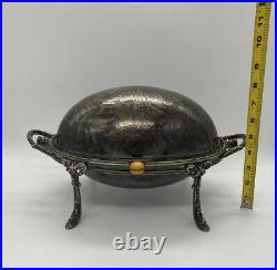 Antique Large Muffin Rolling Roll Top Dome Serving & Warming Dish Silver Plate