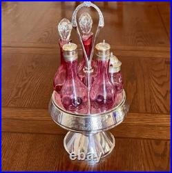 Antique Middletown Silver Plate Co 5 Bottle Cruet Set Cranberry ThumbPrint Glass
