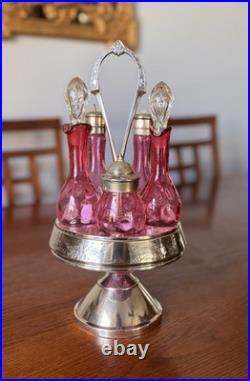 Antique Middletown Silver Plate Co 5 Bottle Cruet Set Cranberry ThumbPrint Glass