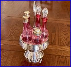 Antique Middletown Silver Plate Co 5 Bottle Cruet Set Cranberry ThumbPrint Glass