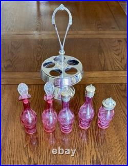 Antique Middletown Silver Plate Co 5 Bottle Cruet Set Cranberry ThumbPrint Glass