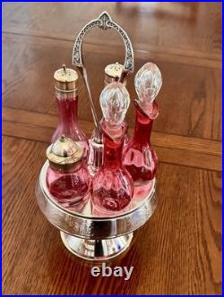 Antique Middletown Silver Plate Co 5 Bottle Cruet Set Cranberry ThumbPrint Glass