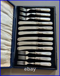 Antique Mother Of Pearl & Silver Plated Cutlery Set Of 12 Pieces