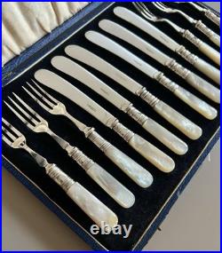 Antique Mother Of Pearl & Silver Plated Cutlery Set Of 12 Pieces