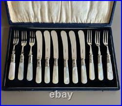 Antique Mother Of Pearl & Silver Plated Cutlery Set Of 12 Pieces