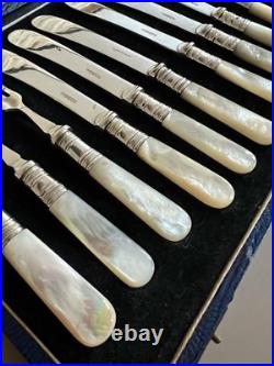 Antique Mother Of Pearl & Silver Plated Cutlery Set Of 12 Pieces