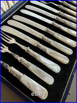 Antique Mother Of Pearl & Silver Plated Cutlery Set Of 12 Pieces
