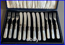 Antique Mother Of Pearl & Silver Plated Cutlery Set Of 12 Pieces