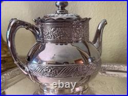 Antique Pairpoint Quadruple Silverplate Tea Set FIve Piece Floral Pattern