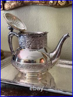 Antique Pairpoint Quadruple Silverplate Tea Set FIve Piece Floral Pattern