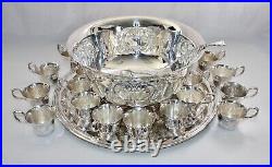 Antique Silver Plate 27-Piece Punch Bowl Set 24 Cups, Tray, Ladle. RWallace EXC