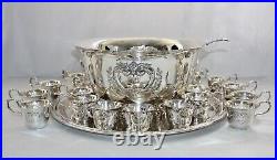 Antique Silver Plate 27-Piece Punch Bowl Set 24 Cups, Tray, Ladle. RWallace EXC