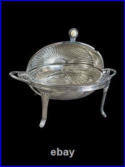 Antique Silver Plate Oval Covered Roll Top Revolving Domed Warmer Buffet Server